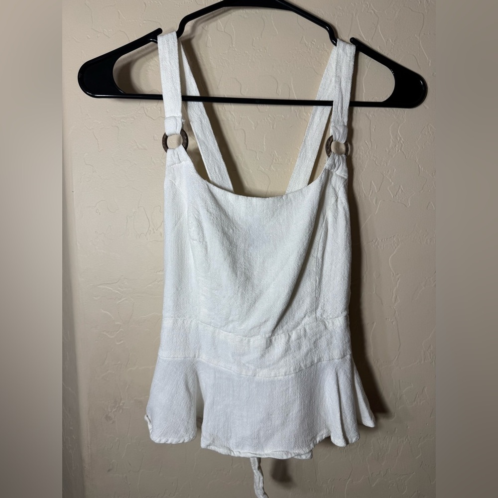 Style Rack White Linen Rayon Peplum Tank Top Ring Strap Open Back M